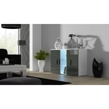Sideboard Cama Meble SOHO S7, 120 cm, baltas/pilko blizgesio, 3 durys, 4 lentynos