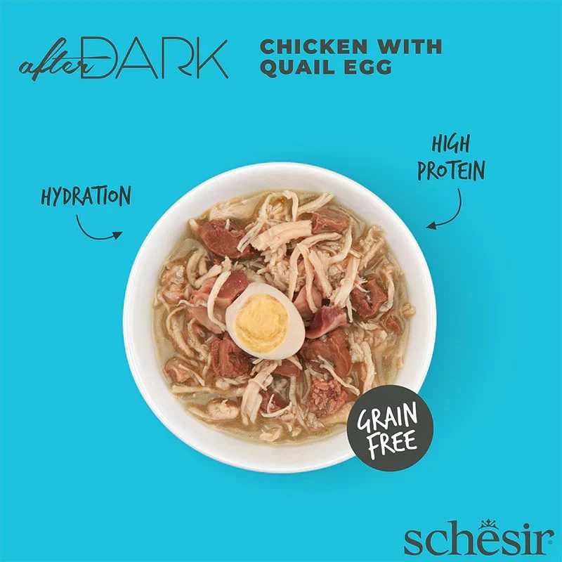 Šlapias kačių ėdalas Agras Pet Foods Schesir after Dark Complete Brühe 80 g – vištiena, be glitimo, suaugusioms katėms