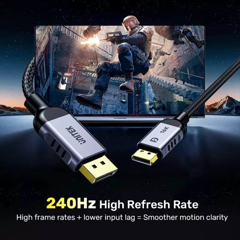 DisplayPort kabelis Unitek C1626GY01-1.5M — 1,5 m, DisplayPort 2.1, Kištukas-Kištukas, 360 Hz, 15360×8640, Pilka