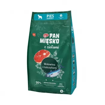 Sausas šunų maistas Pan Miesko Jautiena su Žolelėmis ir Tunu 3 kg — Suaugusiems, 30% Baltymų, 20% Riebalų, Be Glitimo ir Sojos