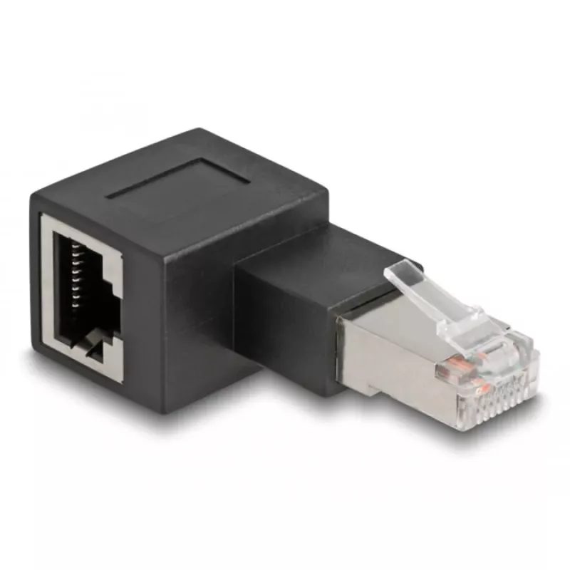 DeLOCK RJ45 kištukas į RJ45 lizdą adapteris Cat.6A 90° kairėn lenktas juodas