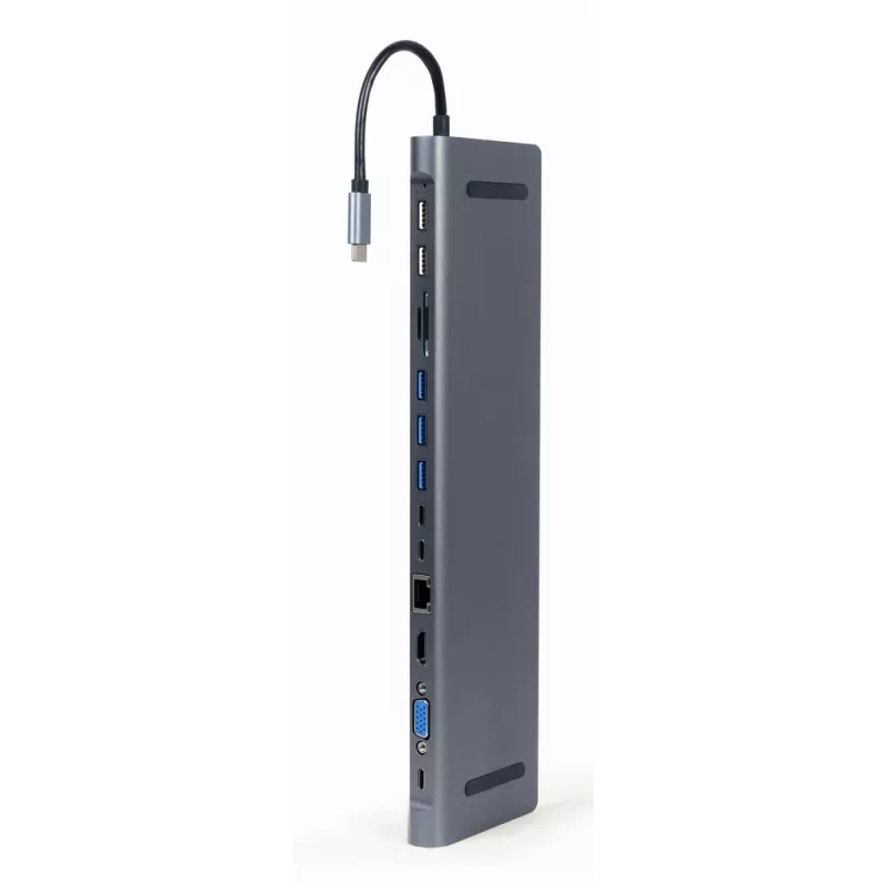 Gembird A-CM-COMBO9-01 USB Type-C 9-in-1 kelių prievadų adapteris (USB centras + HDMI + VGA + PD + kortelių skaitytuvas + LAN + 3,5 mm garsas), kosminė pilka