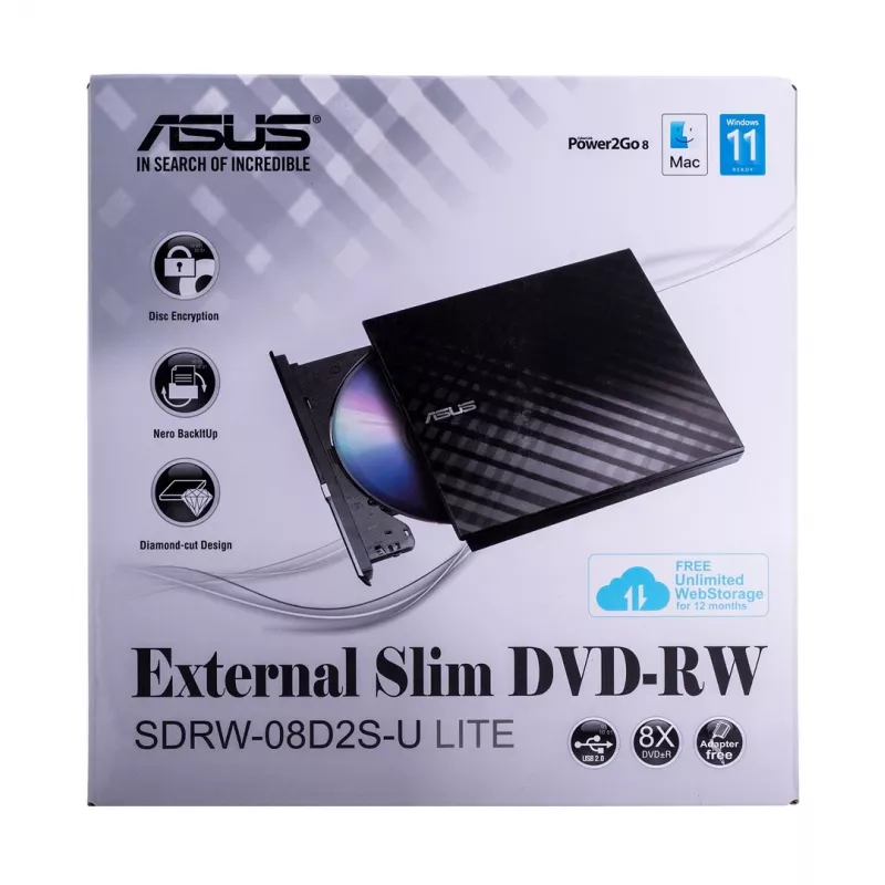 Išorinis DVD±RW optinis įrenginys ASUS SDRW-08D2S-U Lite, USB 2.0, juodas, 24x CD / 8x DVD, 142×142×20 mm