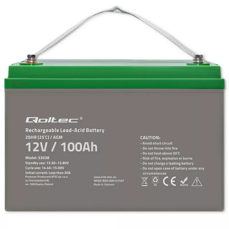 Qoltec 53038 AGM akumuliatorius | 12V | 100Ah | max 1200A