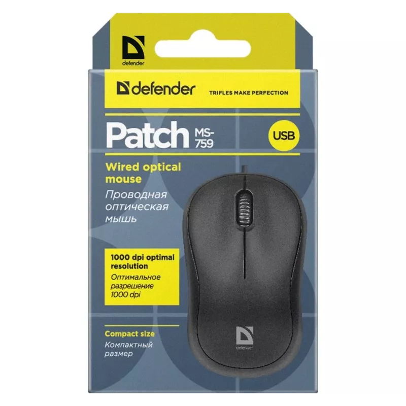 Laidinė optinė pelė DEFENDER PATCH MS-759 USB Type-A, ambidekstrinė, 1000 DPI, juoda