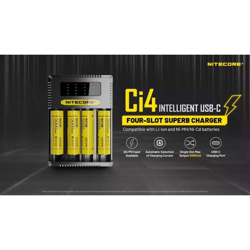 Nitecore Ci4 įkroviklis – universalus USB įkroviklis Li‑Ion, NiCd, NiMH baterijoms, 5/9/12V, 3A, plastikinis