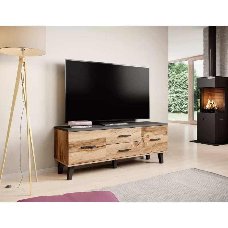 TV stovas Cama Meble LOTTA 140 cm – rėmas ąžuolas wotan, juoda medžio drožlių plokštės viršus, 1400×400×530 mm