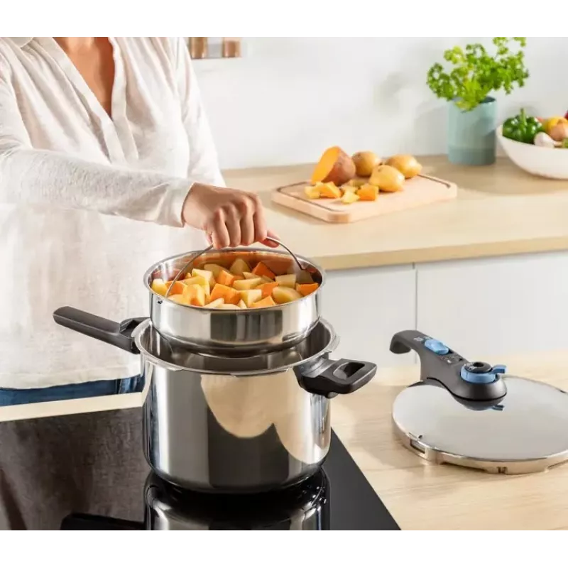 Slėginė viryklė Tefal SECURE TRENDY 6L su nerūdijančio plieno garinimo krepšeliu, tinka indukcinėms kaitlentėms