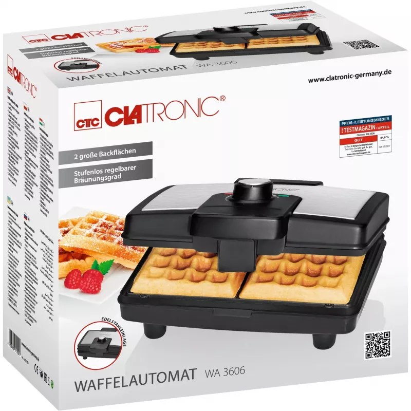 Clatronic WA 3606 vaflinė 2 vafliai Juoda, Nerūdijantis plienas 800 W