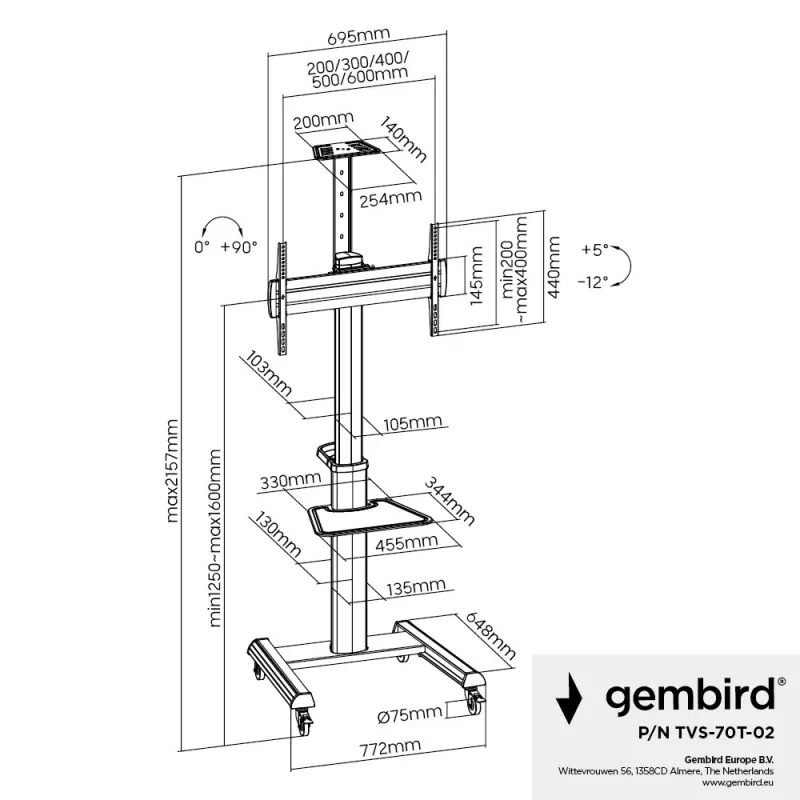 Grindinis TV stovas Gembird TVS-70T-02 37–70 col., 70 kg, VESA 200x200–600x400, pakreipiamas, reguliuojamas aukštis, ratukai