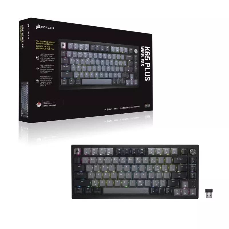 Corsair Gaming K65 Plus Wireless 75% RGB žaidimų klaviatūra, MLX RED - juoda, pilka