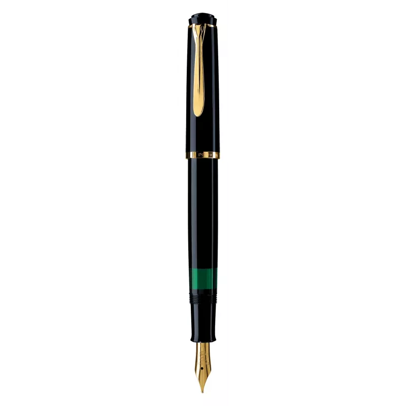 Pelikan M200, juoda, auksinė, integruota užpildymo sistema, derva, auksinis, italikas plunksnelė, auksas, nerūdijantis plienas