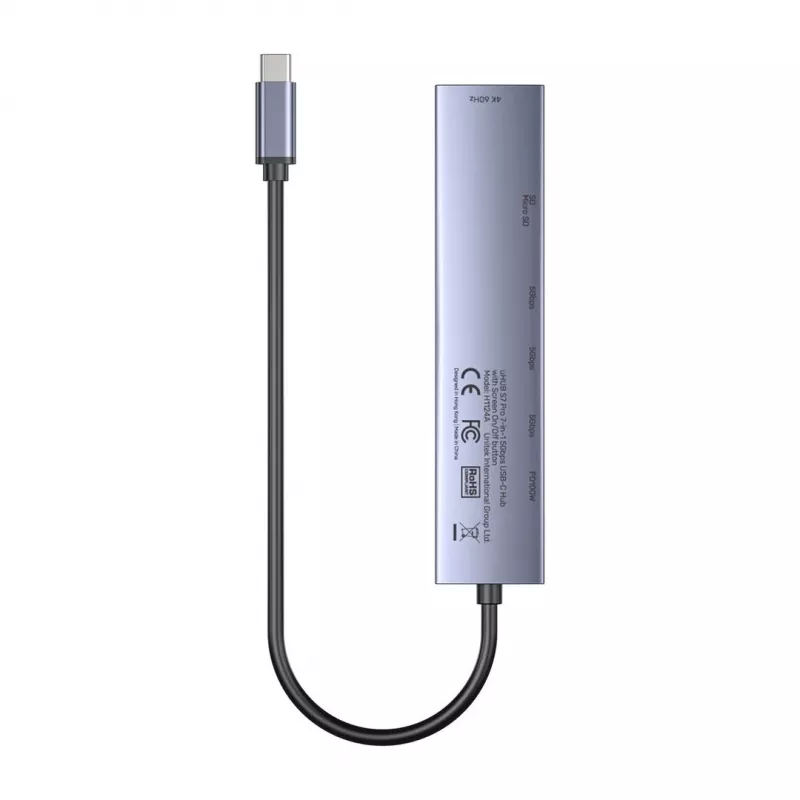 USB-C centrinis įrenginys Unitek H1124AGY01 su 100W PD, HDMI 2.0, 2x USB‑A, 2x USB‑C, SD/microSD skaitytuvu – aliuminis