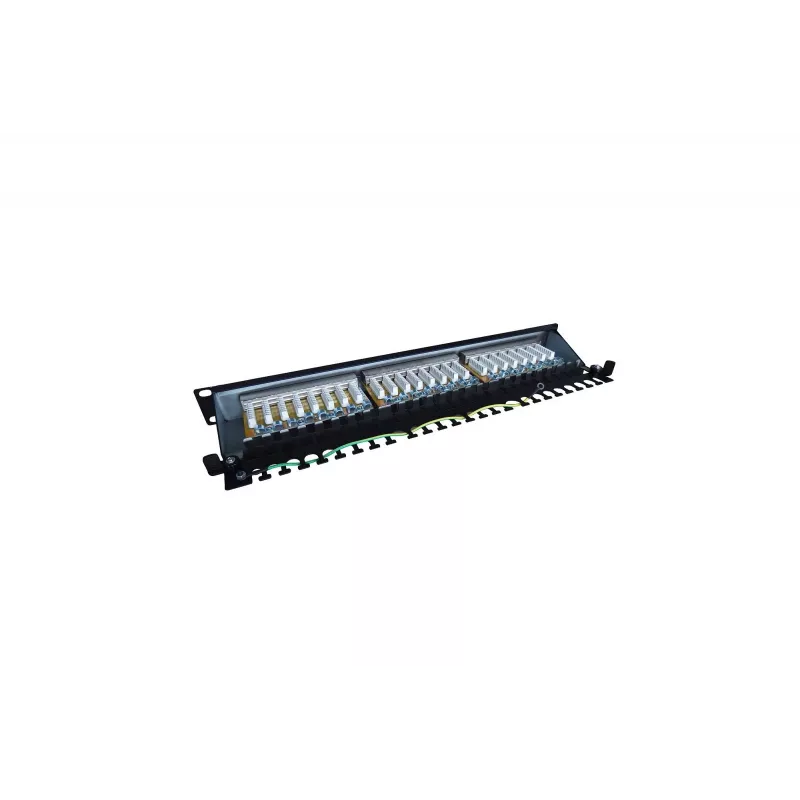 Patch Panel 19 colių 24 prievadai, CAT6, S/FTP, 1U, kabelio laikiklis, juodas