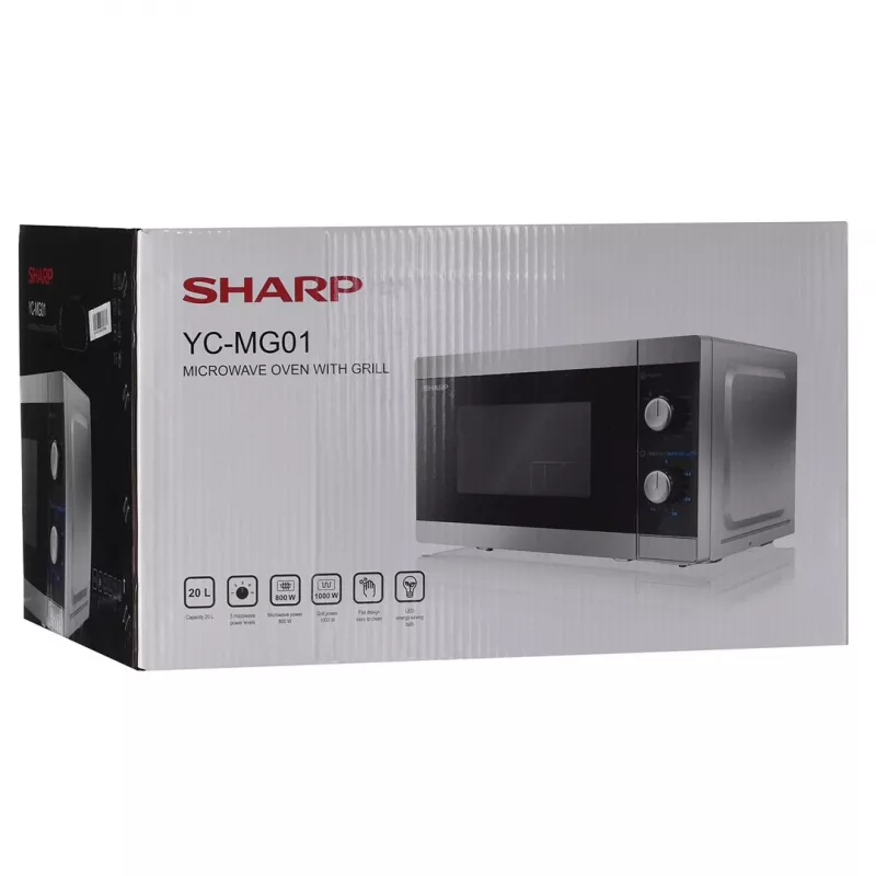 Kombinuota mikrobangų krosnelė Sharp YC-MG01E-S — 20 L, 800 W mikrobangos, 1000 W grilis, 5 galios lygiai, sukimo valdiklis, 25,5 cm padėklas