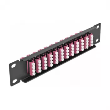 Skaidulinės optikos pataisų skydas DeLOCK 10 colių 12 prievadų LC Quad violetinis 1U juodas