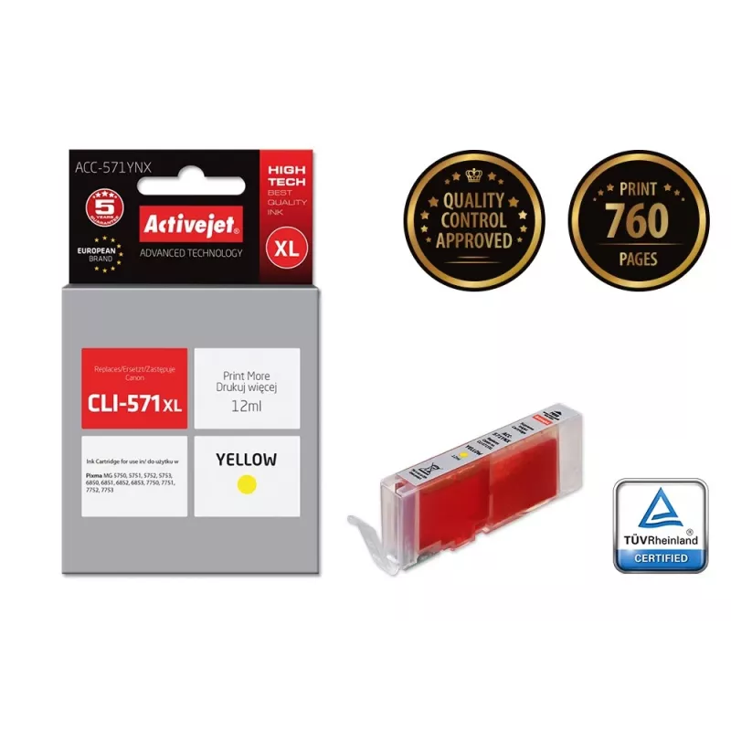 Activejet ACC-571YNX rašalo kasetė (Canon CLI-571XLY pakaitalas; Supreme; 12 ml; geltona)