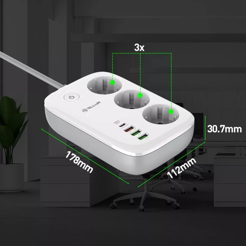 Tellur TLL331521 Smart WiFi maitinimo blokas su 3 kištukiniais lizdais, PD 30W, QC 18W