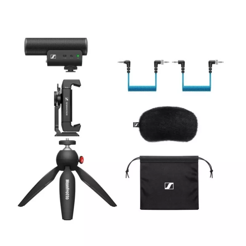 Sennheiser MKE 400 mobilus rinkinys – kondensatorinis superkardioidinis mikrofonas su žemųjų dažnių filtru ir Manfrotto trikoju
