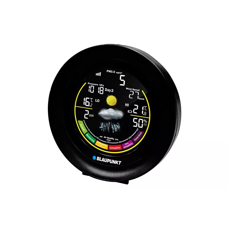 Oro stotelė BLAUPUNKT WS35BK APP – LCD ekranas, temperatūra ir drėgmė, signalizacija, kalendorius, programėlės valdymas, 94×94×27 mm