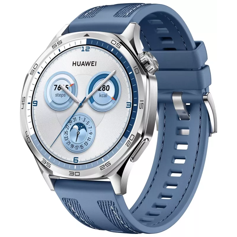 Išmanusis laikrodis HUAWEI WATCH GT5 46mm – 1,43 colio AMOLED ekranas, GPS, 524 mAh baterija, nerūdijančio plieno korpusas, mėlyna austa juosta