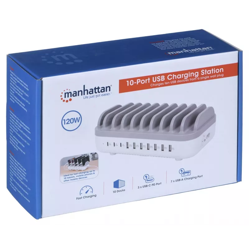 Manhattan įkrovimo stotelė, 10 prievadų: 3x USB-C (iki 18W PD) ir 7x USB-A (iki 12W), 120W bendra galia, balta/pilka, trejų metų garantija