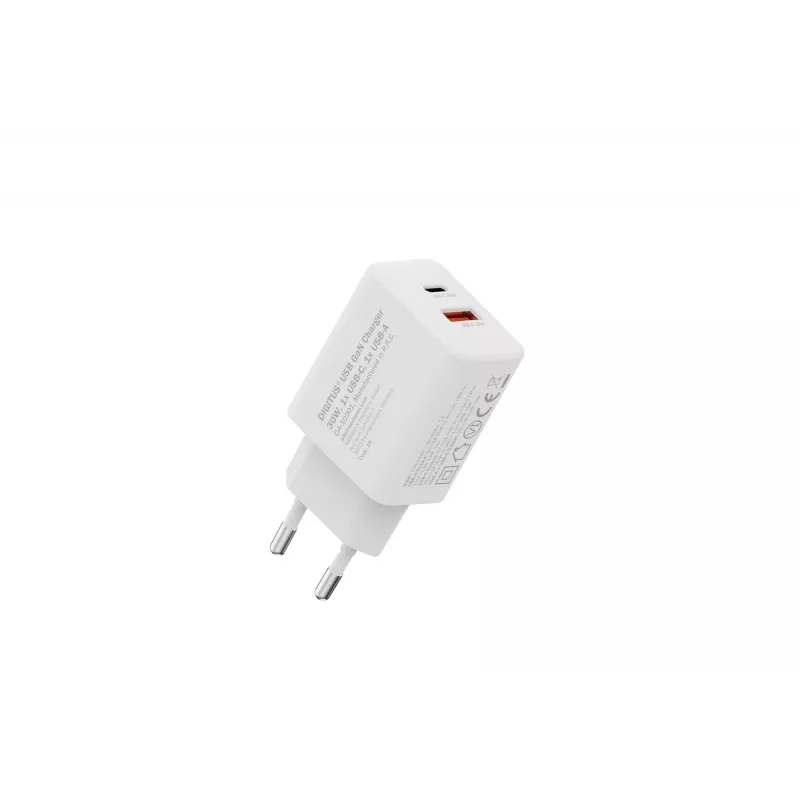 AC vidinis USB GaN įkroviklis DIGITUS DA-10301 — 30W, 1× USB-C, 1× USB-A, 100–240V, baltas