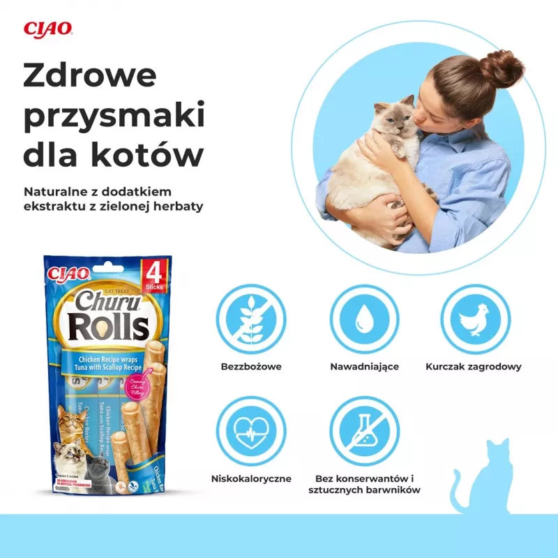 INABA Churu Rolls Vištienos receptas su tuno ir jūros šukutės receptu - skanėstai katėms - 4x10 g