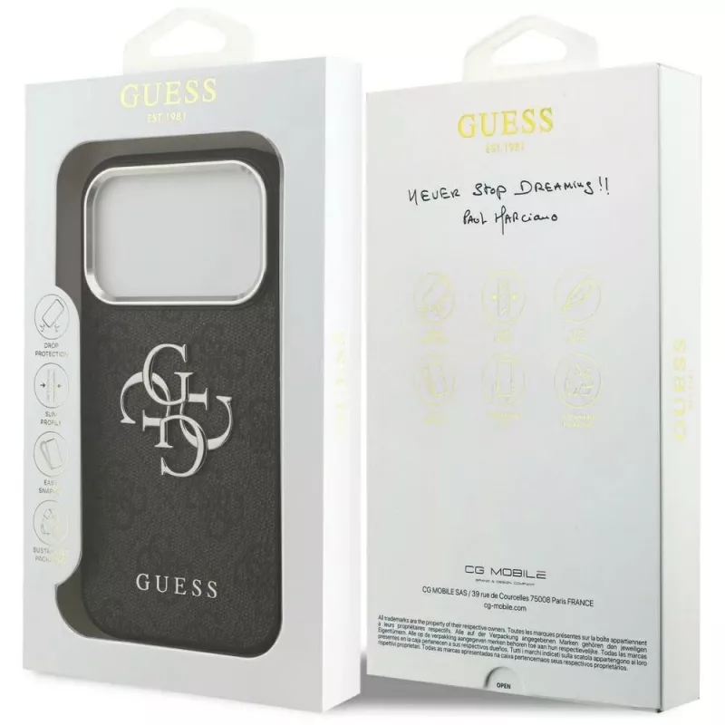 GUESS Hardcase 4G | Užpakalinis dangtelis | iPhone 17 Pro Max | Apple | Ekologinė oda/PC/Plastikas/TPU | Juoda