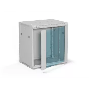 Sieninis 19 colių spintos korpusas Alantec 12U 600x450 mm, stiklinės durys, nuimami galiniai ir šoniniai dangteliai, užrakinamas, 4 montavimo bėgeliai, pilkas, plokščioje pakuotėje