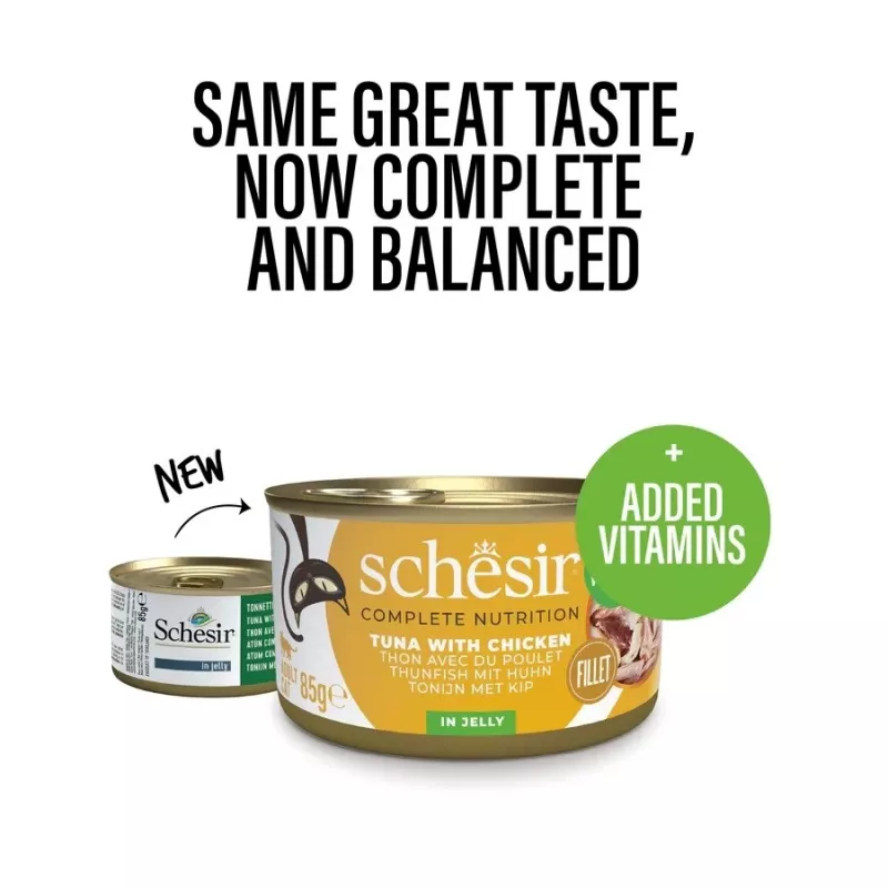 SCHESIR Tunas su vištiena želėje – šlapi kačių ėdalas – 85 g