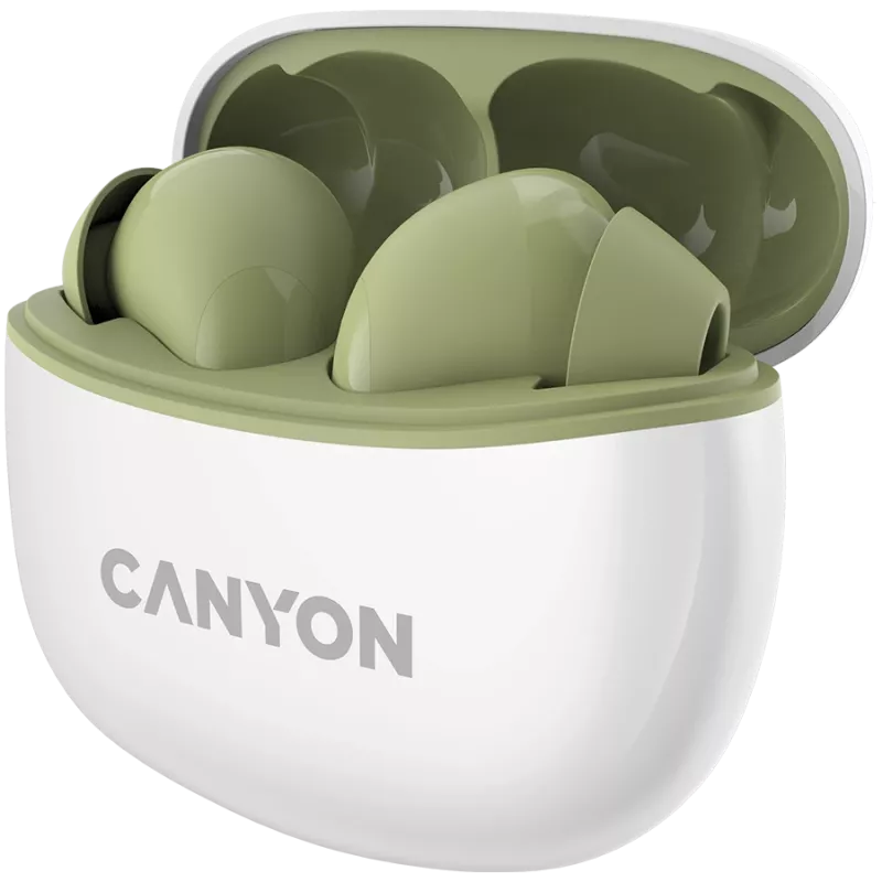 CANYON TWS-5 belaidės ausinės (į ausis), žalios, Bluetooth 5.3, liečiamas valdymas, USB-C įkrovimas