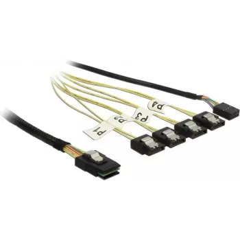 Vidinis Mini SAS į 4×SATA kabelis DELOCK 1 m — Mini SAS SFF-8087 į 4×SATA 7 kontaktų, juoda/sidabrinė/geltona