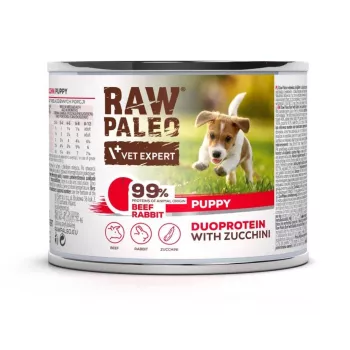 Šlapias šunų ėdalas VETEXPERT RAW PALEO Duoprotein Jautiena ir Triušis Šuniukams 200g