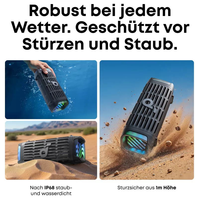 Nešiojamas Bluetooth garsiakalbis ANKER Soundcore Boom 3i juodas, atsparus, IP68, 50W, BassUp, 16h veikimo laikas, šviesų šou, TWS stereo