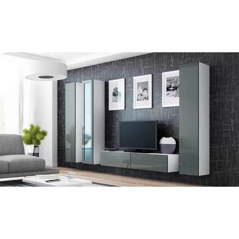 Cama TV stovas VIGO 140 30/140/40 baltas/pilkas blizgus