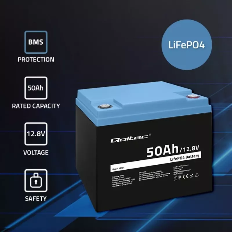 LiFePO4 akumuliatorius QOLTEC 12.8V 50Ah (53704) – atsarginiam maitinimui ir energijos kaupimui