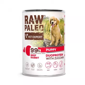 Šlapias šunų ėdalas VETEXPERT RAW PALEO Duoprotein Jautiena ir Triušis Šuniukams 400 g, jaunikliams, be grūdų, be glitimo