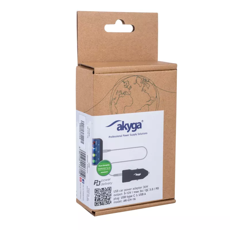 Automobilinis įkroviklis Akyga AK-CH-16 36W USB-A + USB-C PD Quick Charge 3.0 12/24V juodas