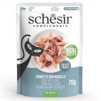 Šlapias kačių maistas Agras Pet Foods SCHESIR Tunas su stinteniu želė, 70 g, be grūdų, be sojos ir be glitimo