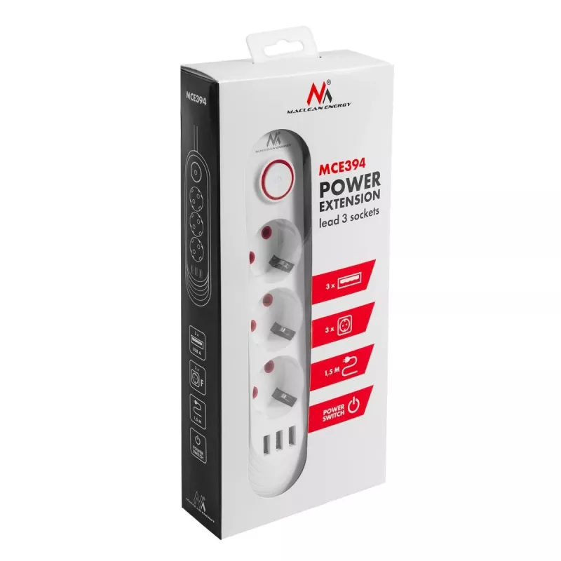 Maclean MCE394W ilgintuvas 3 kištukiniai lizdai, 3×USB 2.1A, 2500 W, 1,5 m laidas, baltas