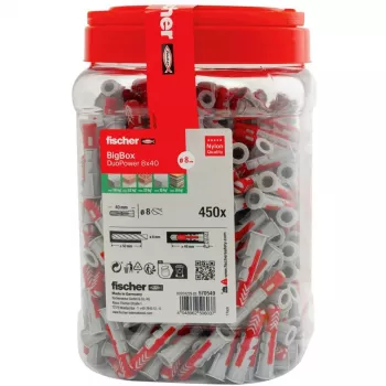 fischer sieninis kaištis DUOPOWER 8x40 BigBox šviesiai pilkas/raudonas 450 vnt. užsandarinama dėžutė (570549)