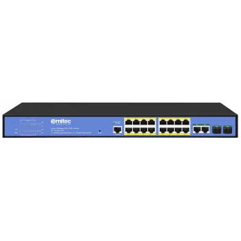 Tinklo jungiklis ERNITEC ELECTRA-M16-1GB-285W — 16 prievadų Layer 2+ su 2 x Gigabit RJ45, 285 W galia