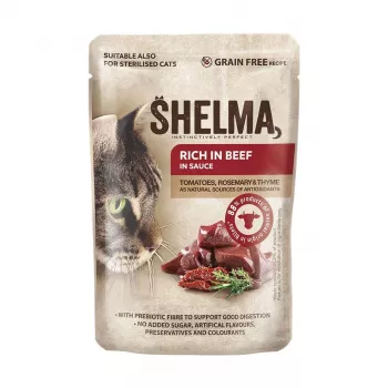 Šlapias kačių ėdalas SHELMA su kalakutiena, antiena, vištiena ir jautiena padaže – 12x85g