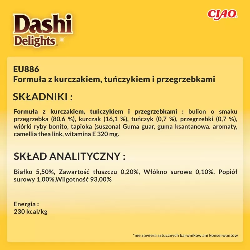 Šlapias skanėstas katėms INABA Dashi Delights – vištiena su tunu ir jūros šukute, 40 g pakelis