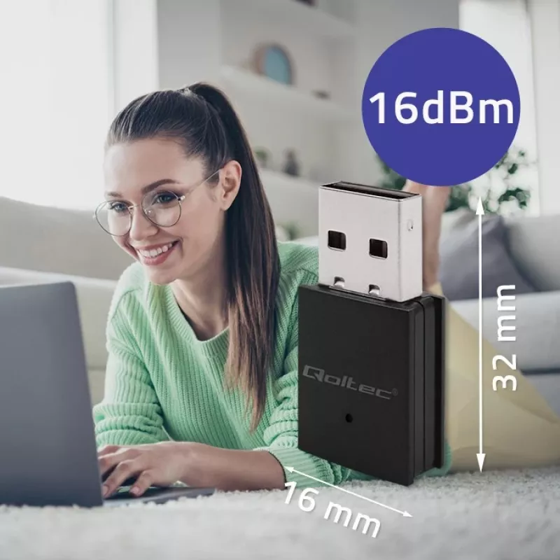 Belaidis USB mini Wi-Fi adapteris QOLTEC 57007 – vienos juostos 2.4 GHz, iki 150 Mbps, vidinė antena