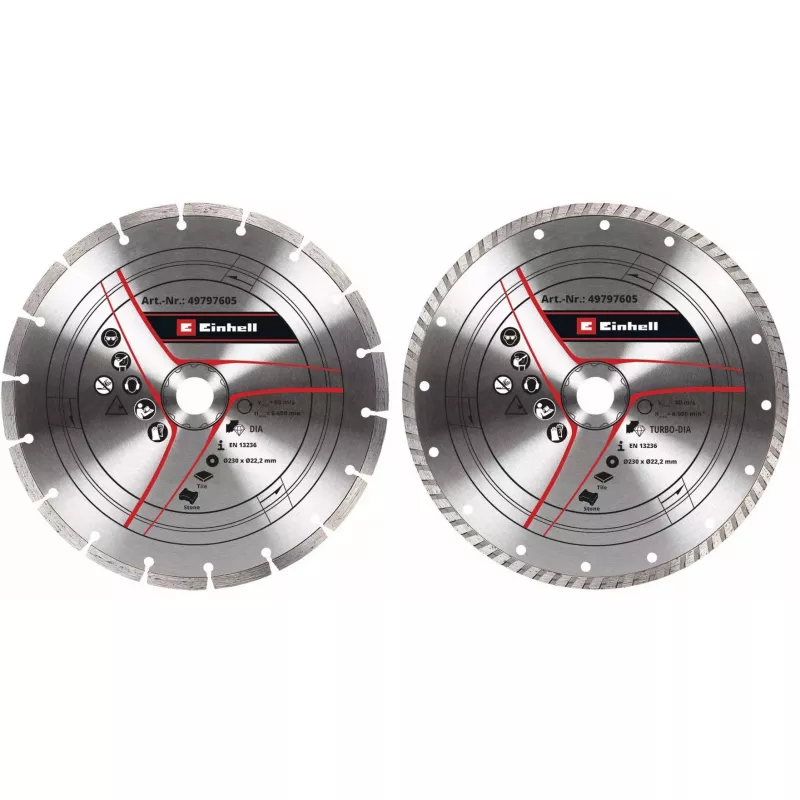Deimantiniai pjovimo diskai kampiniams šlifuokliams EINHELL 230×22,23×1,8 mm, turbo kraštas, 2 vnt.