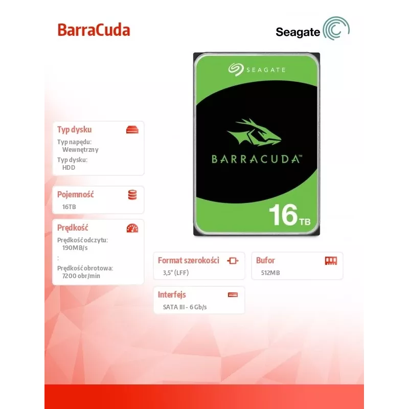 Vidinis kietasis diskas Seagate Barracuda 16TB 7200 RPM 512 MB 3,5 colio SATA