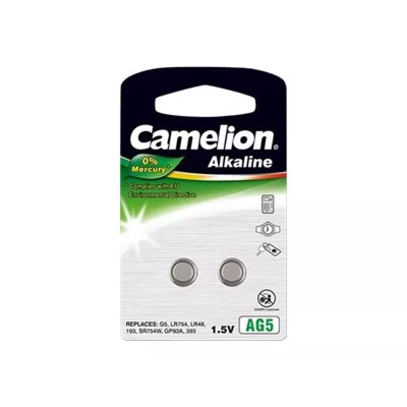 Baterija mygtukinė CAMELION AG5 (LR754, LR48) 1,5V – pakuotė po 2 vnt.