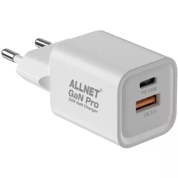ALLNET maitinimo adapteris PSU-GaNPD-USB-1A1C-33W – 33W USB-C PD ir USB-A QC įkroviklis su EU kištuku